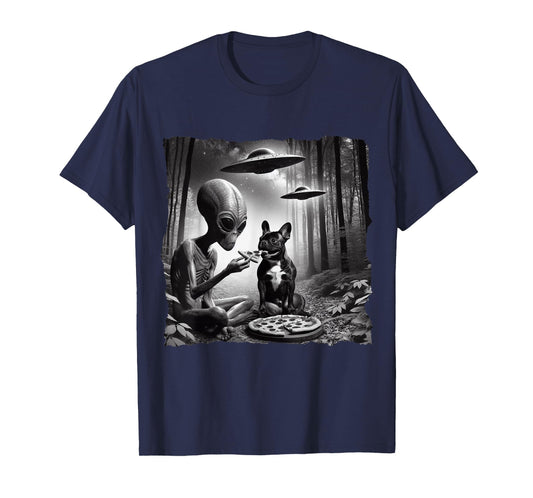 French Bulldog With Alien Eating Pizza. UFO French Bulldog Men Women Kids T-Shirt