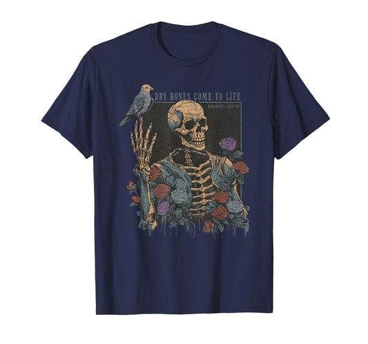 Dry Bones Come to Life Skeleton Bird Flower Nature Halloween T-Shirt