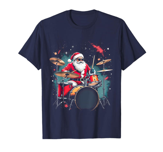 Drummer Santa Playing Drums Funny Christmas Music Lover Boys T-Shirt