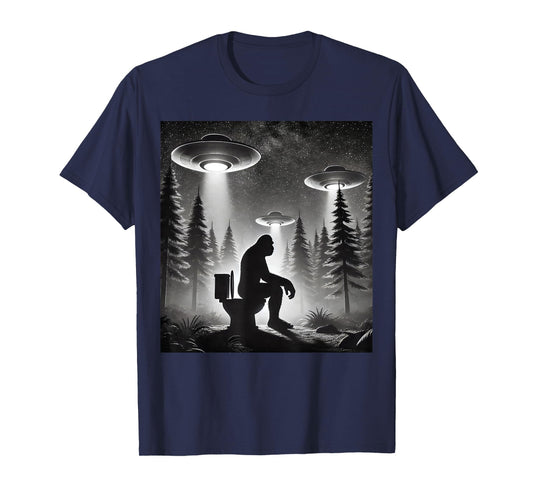 Funny Bigfoot Sasquatch Taking a Dump Alien UFOs T-Shirt