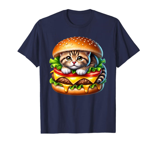 Funny Fast Food Cat Burger Lover Cute Cats Cheeseburger T-Shirt for Men Women Kids