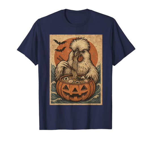 Funny Spooky Silkie Chicken Pumpkin Japanese Ramen Noodles T-Shirt