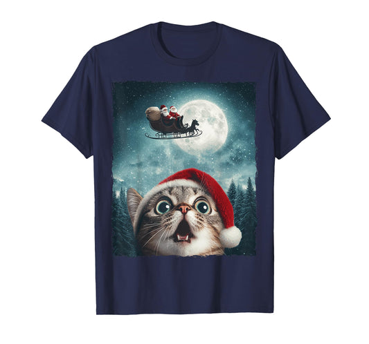Funny Cat Selfie Santa Moon Xmas Christmas T-Shirt for Men Women Kids
