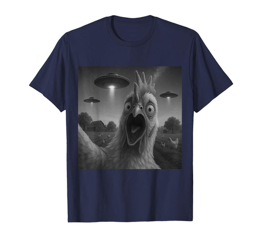 Chicken Rooster Funny Selfie Chicken with UFOs Weird Aliens T-Shirt