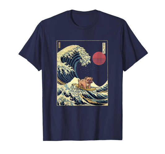 English Bulldog Japanese Kanagawa Wave Funny Surf Dog Men Women Girls Kids T-Shirt