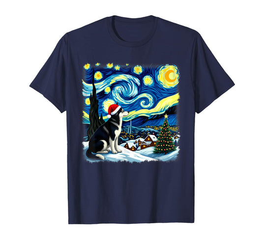 Christmas Husky Dog Starry Night T-Shirt for Men Women Kids