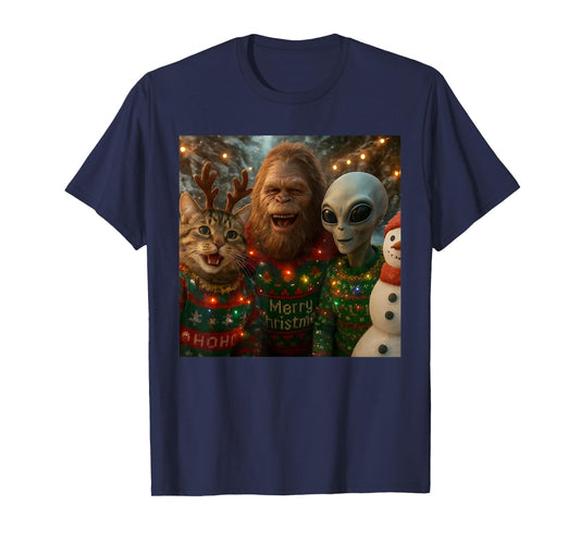 Funny Christmas Cat Selfie with Bigfoot Alien Ugly Sweater T-Shirt