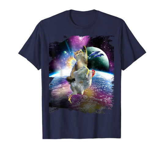 Cat Riding Chicken Space Galaxy Earth T-Shirt