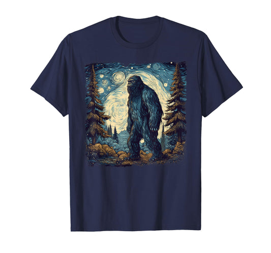 Bigfoot Starry Night Sasquatch Van Gogh Painting T-Shirt