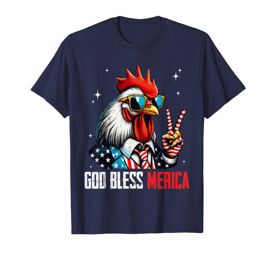 God Bless Merica Chicken Rooster 4th of July American Flag T-Shirt