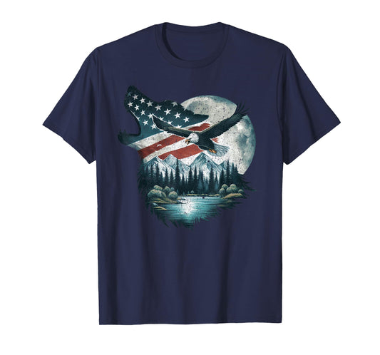 Bald Eagle Wolf US Flag 4th Of July Patriotic Man Woman T-Shirt