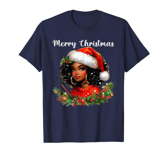 Black African Girl Merry Christmas American Melanin Santa T-Shirt