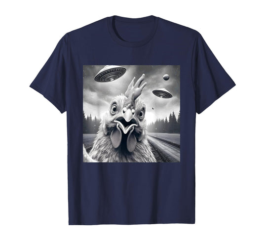 Chicken Rooster Funny Graphic Selfie with UFOs Weird Aliens T-Shirt