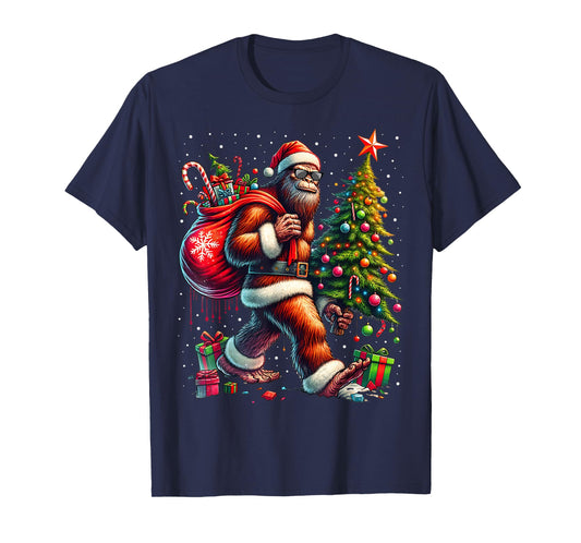 Santa Bigfoot Christmas Tree Xmas Lights Funny Sasquatch T-Shirt