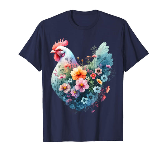 Chicken Floral Art Graphic Women Farm Chicken Lover Colorful T-Shirt