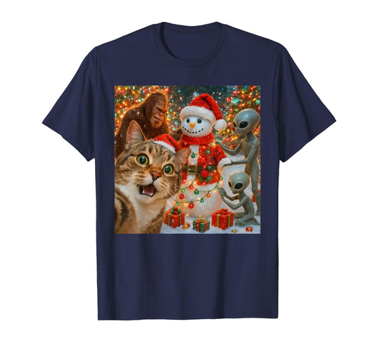 Funny Christmas Cat Selfie with Bigfoot Alien & Snowman T-Shirt