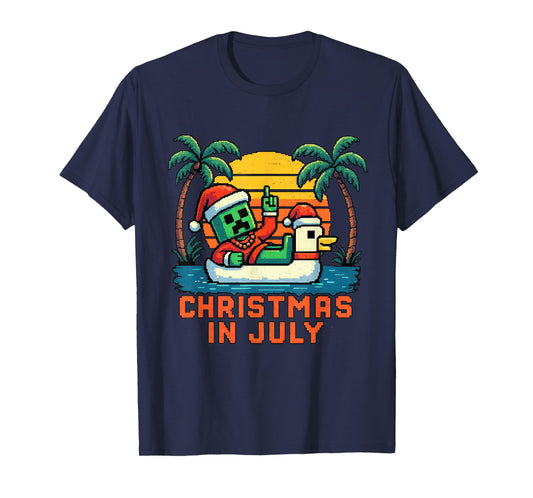 Christmas In July Funny Santa Zombie Chicken Pixel Art Kids T-Shirt