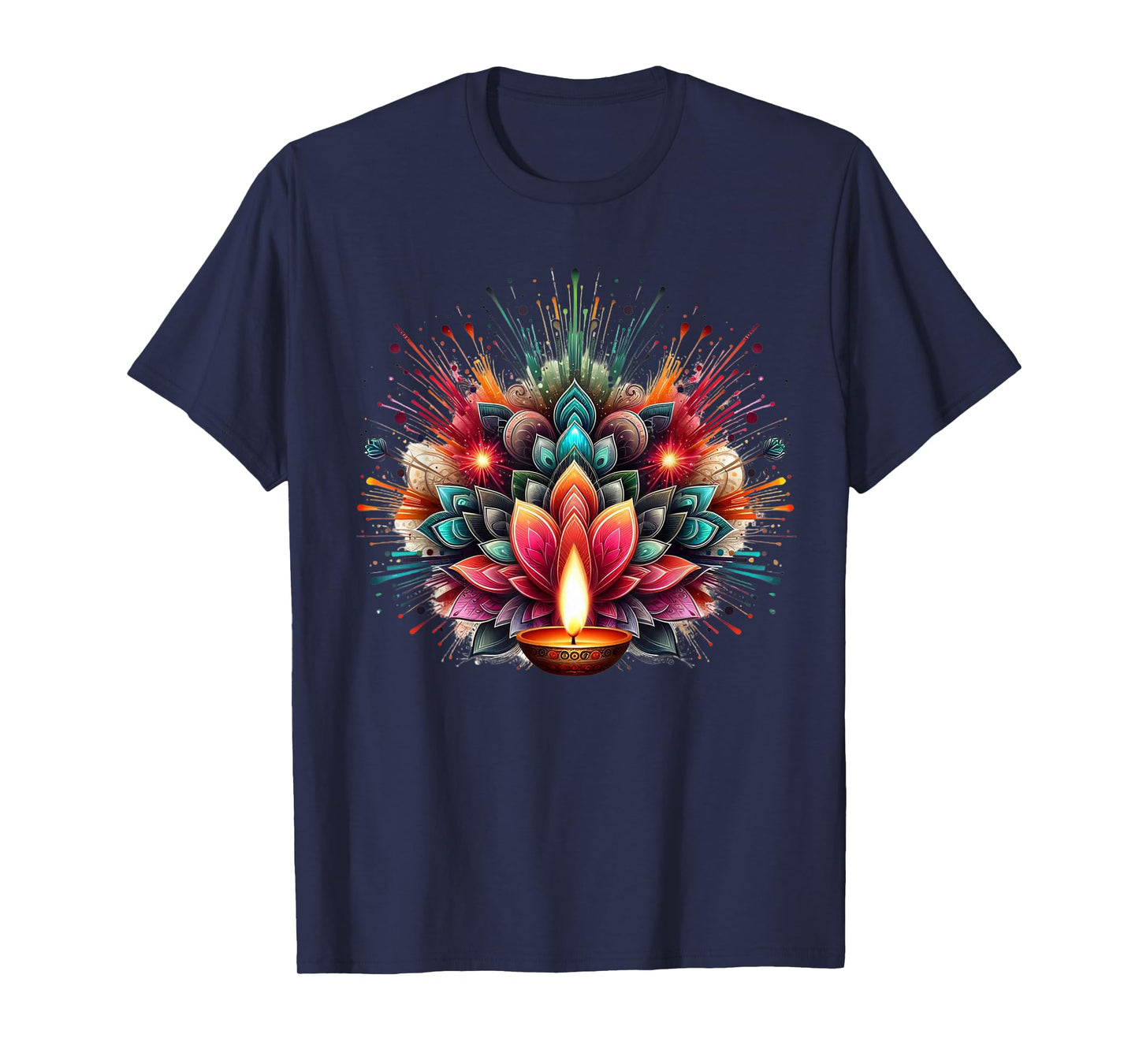 PV Mata Diwali Diya Explosion of Colors Unisex-Adults T-Shirt, Black, Small, Short Sleeve