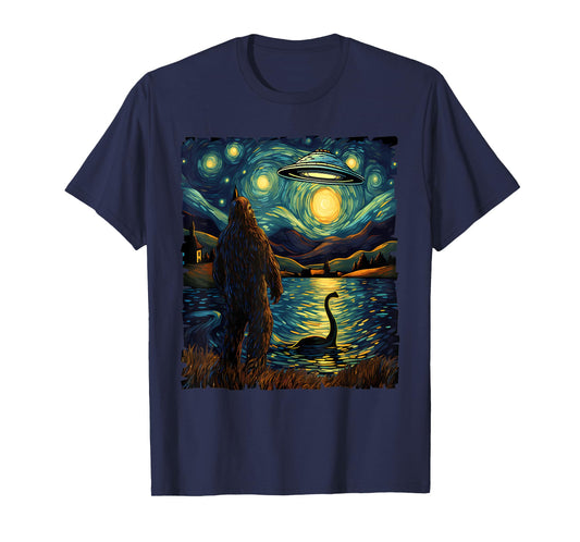 Funny Bigfoot UFO and Nessie Van Gogh Starry Night Painting T-Shirt