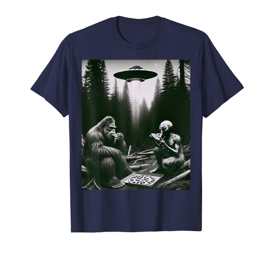 Funny Bigfoot With Alien Eating Pizza. Bigfoot And Alien UFO T-Shirt