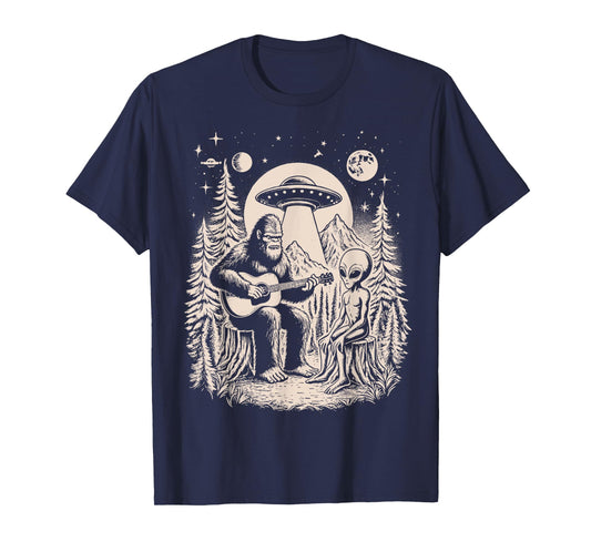 Funny Big Foot Alien Spaceship Big Foot Sasquatch Ape Guitar T-Shirt