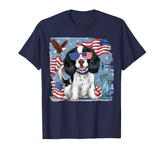 English Springer Spaniel Dog with American Flag 4th of July Women Kids Men T-Shirt