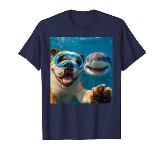 Funny English Bulldog Dog Selfie with Shark Ocean Lovers T-Shirt