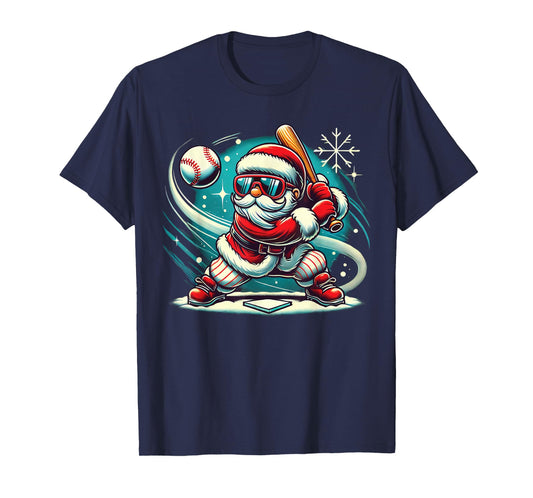 Cute Santa Claus Playing Baseball Boys Kids Teens Christmas T-Shirt