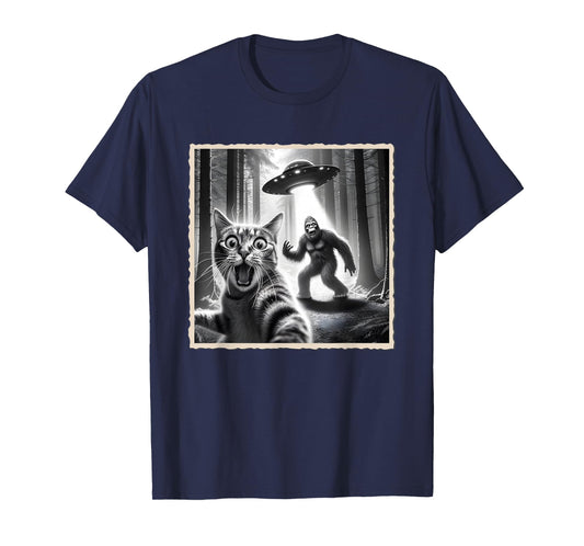 Cat Selfie With Bigfoot & UFO | Funny Sasquatch & Cat T-Shirt