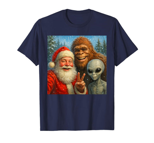 Funny Cat Selfie with Santa Claus & Bigfoot Meme T-Shirt