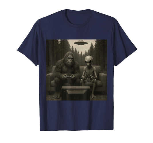 Funny Bigfoot and Alien Playing Video Games. UFO and Bigfoot T-Shirt