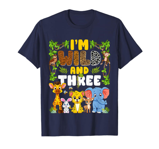 Kids I'm Wild And Three Jungle Safari Animal 3rd Birthday Kids T-Shirt
