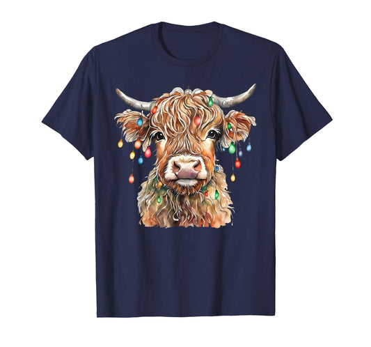 Highland Cow Xmas Lights Merry Christmas Pajamas Holiday T-Shirt