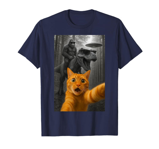 Cat Selfie with Dinosaur Bigfoot UFO Funny Graphic T-Shirt