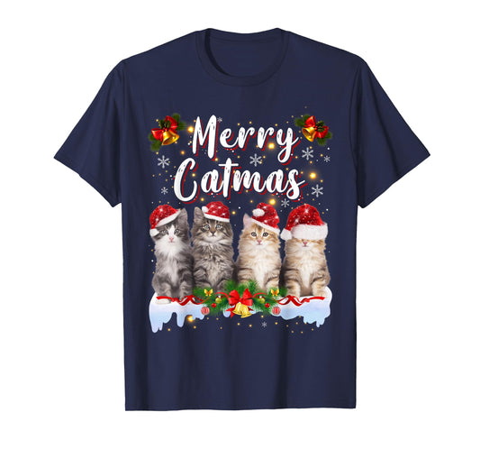 Cat Christmas Santa Hat Funny Merry Catmas Meowy Men Women T-Shirt