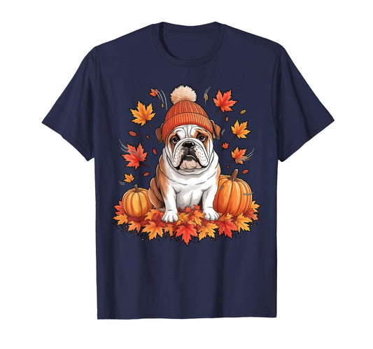 Funny English Bulldog Fall Scarf Autumn Leaves Dog Lovers T-Shirt