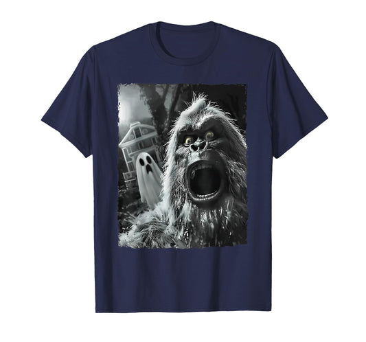 bigfoot sasquatch selfie with ghost halloween haunted house T-Shirt