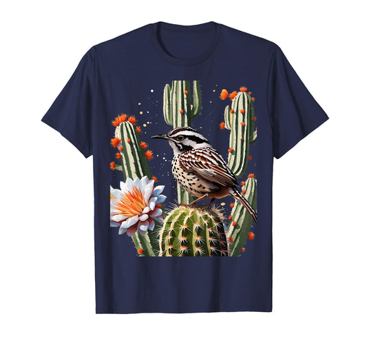 Arizona Cactus Wren Surrounded By Saguaro Cactus Blossom T-Shirt