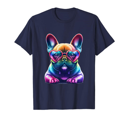 Rainbow Frenchie Wearing Heart Glasses Puppy Love Dog Funny T-Shirt