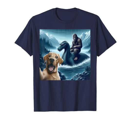 Labrador retriever Selfie with bigfoot riding loch Ness T-Shirt