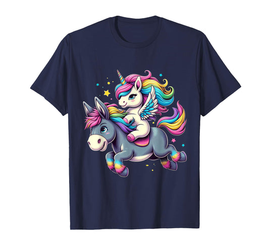 Unicorn Riding Donkey Boys Girls Men Women Kids Rainbow T-Shirt