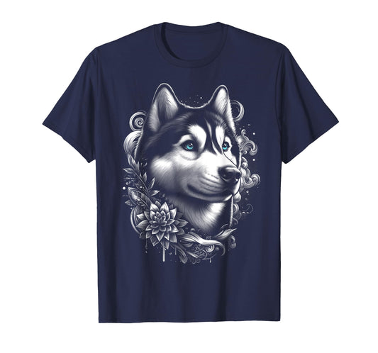 Cool Husky with Blue Eyes and Flowers Decoration T-Shirt