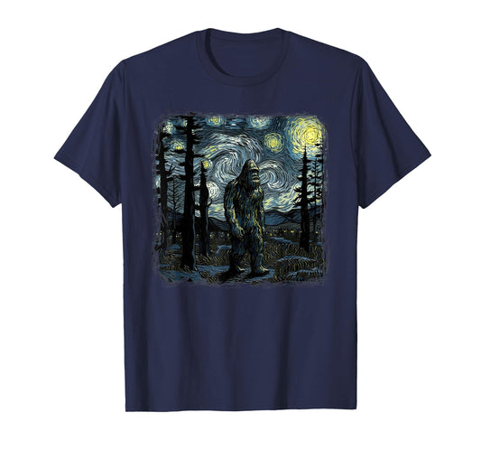 Bigfoot Starry Night Sasquatch Van Gogh Sky Painting Art T-Shirt