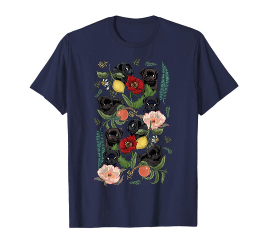 Botanical and Black Pug T- shirt by Huebucket T-Shirt