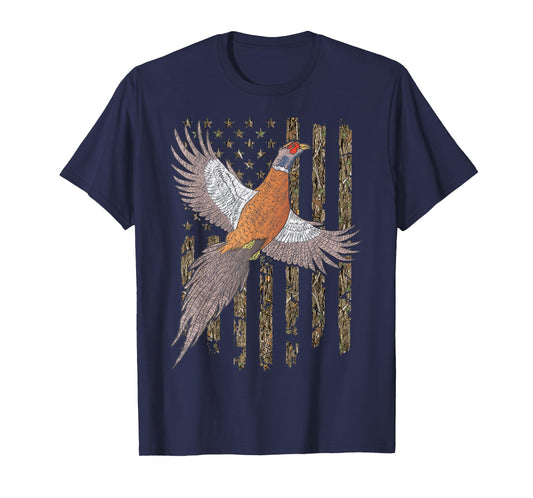 Pheasant Bird Hunting Usa American Flag Tree Camouflage T-Shirt