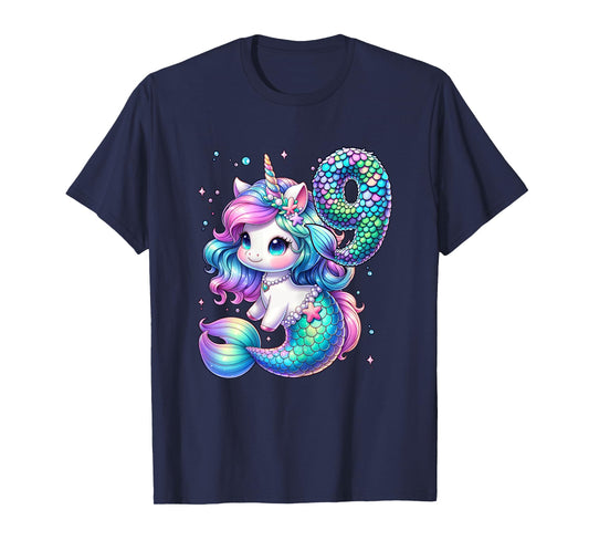 Unicorn Mermaid 9th Birthday 9 Year Old Party Girls Outfit T-Shirt