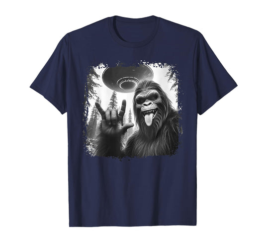 Funny Sasquatch Bigfoot Rock On Selfie with UFO Alien T-Shirt