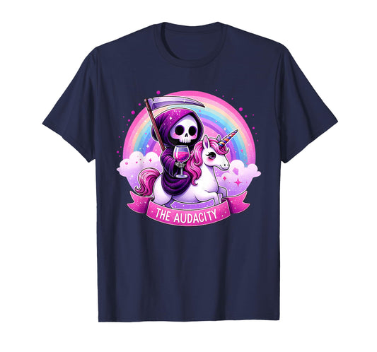 The Audacity Skeleton Riding Unicorn Rainbow Halloween Women T-Shirt