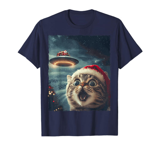 Funny Cat Selfie Santa Ufo Xmas Christmas T-Shirt