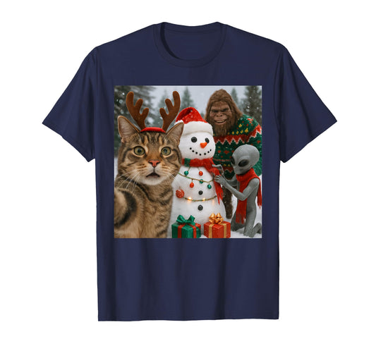 Funny Christmas Cat Selfie with Bigfoot Alien & Snowman T-Shirt